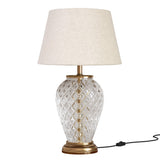 Glass Table Lamp Royal Pure Brass Antique Gold Diamond Cut Glass Off White 14 inches Lampshade Bedside, Living Room, Bedroom, Home Decoration, Hotel